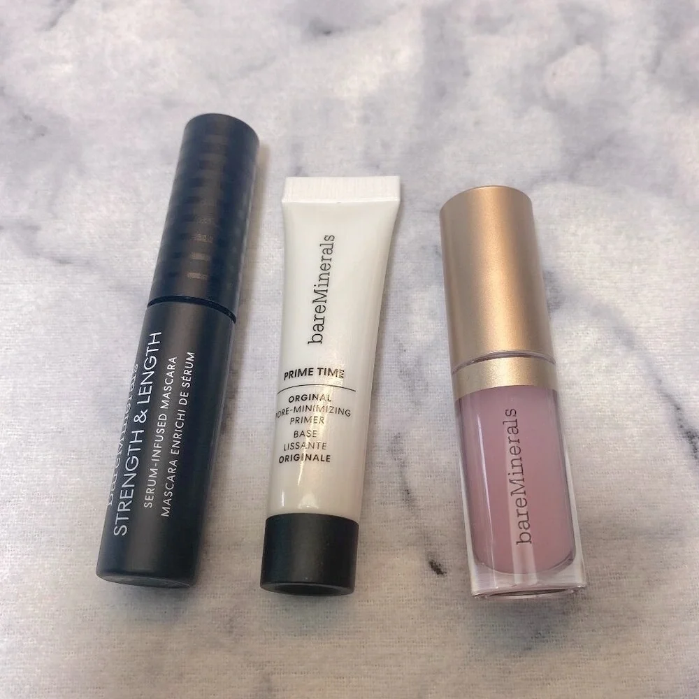 BareMinerals Natural Radiance Prime Set- Primer,Mascara, Lip Gloss-3pc-BOXED-NEW